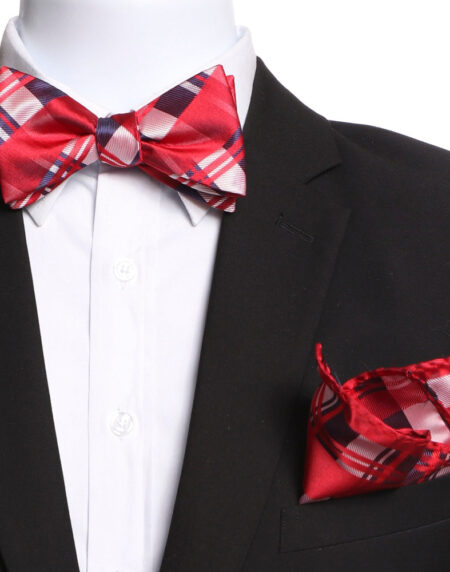 Men's Red Plaid Self Bow Tie with Handkerchief - Amedeo Exclusive