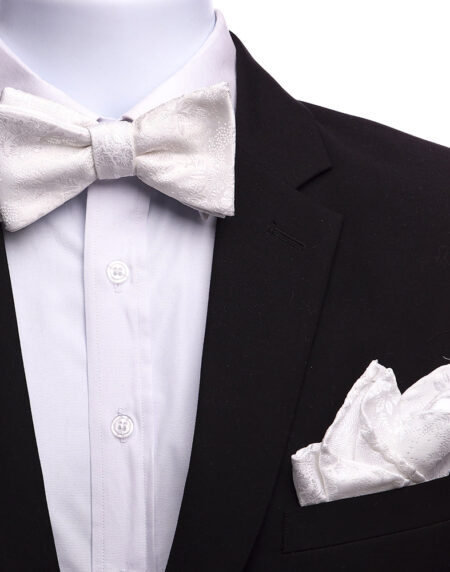 Men's White Floral Self Bow Tie with Handkerchief - Amedeo Exclusive