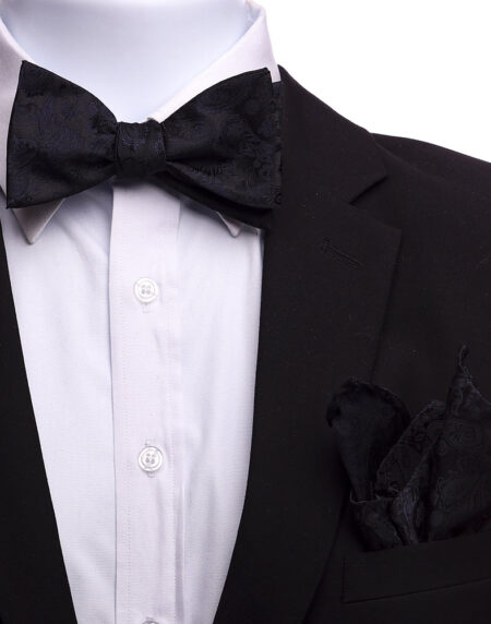 Men's Black Paisley Self Bow Tie with Handkerchief - Amedeo Exclusive