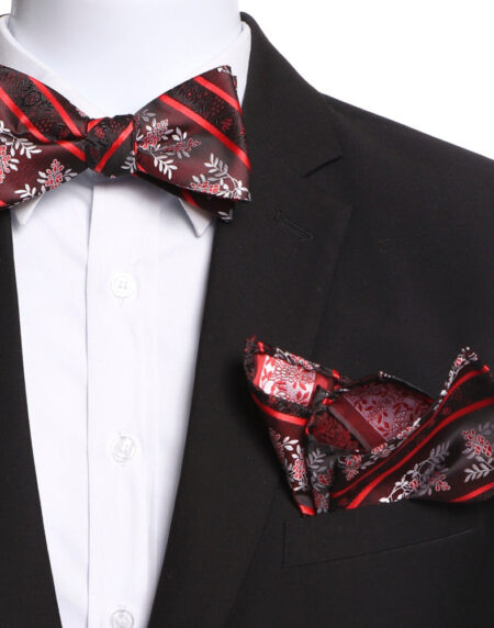 Men's Brown & Red Self Bow Tie with Handkerchief - Amedeo Exclusive