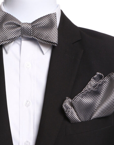 Men's Black & Silver Self Bow Tie with Handkerchief - Amedeo Exclusive