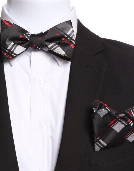 Men's Black And Silver Plaid Jacquard Woven Italian Silk Self Bow Tie - Amedeo Exclusive