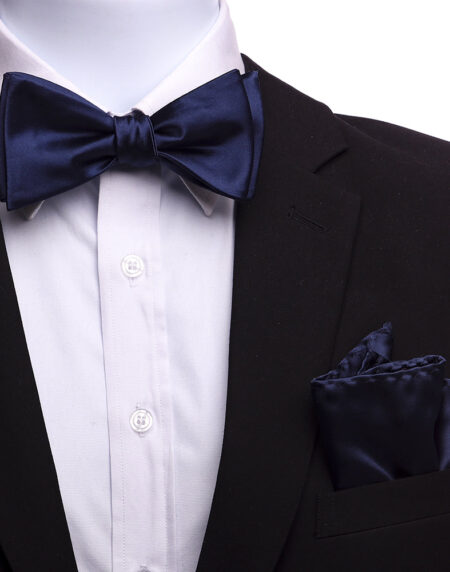 Men's Navy Blue Silk Self Bow Tie with Handkerchief - Amedeo Exclusive