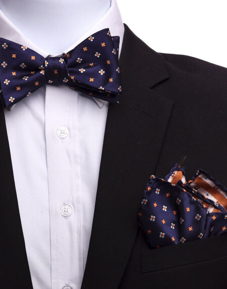 Men's Navy Blue And Orange Silk Self Bow Tie - Amedeo Exclusive