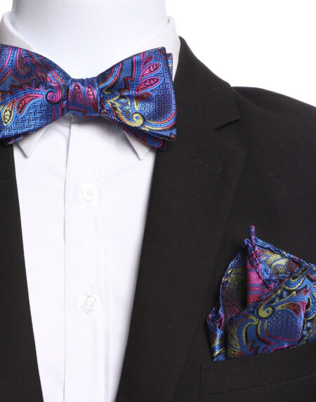 Men's Blue & Pink Self Bow Tie with Handkerchief - Amedeo Exclusive