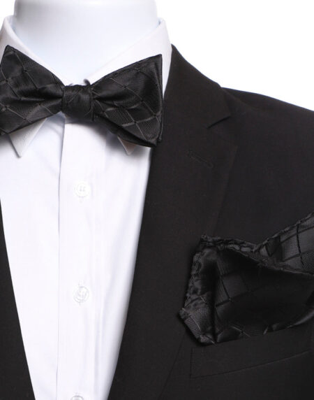 Men's Black Checkers Self Bow Tie with Handkerchief - Amedeo Exclusive