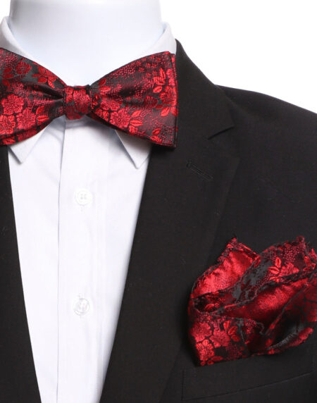 Men's Red Floral Self Bow Tie with Handkerchief - Amedeo Exclusive