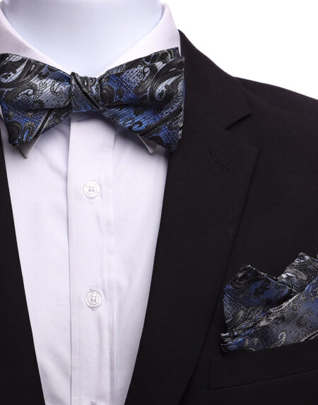 Men's Light Blue Black Silk Self Bow Tie - Amedeo Exclusive