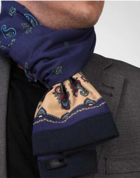 Unisex Blue Biege Paisley Soft Fashion Dress Scarves for Winter Made of Silk Blend - Amedeo Exclusive