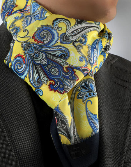 Suede Soft Yellow Blue Paisley Mens Silk Scarf - Designer neck scarf for winters - Amedeo Exclusive