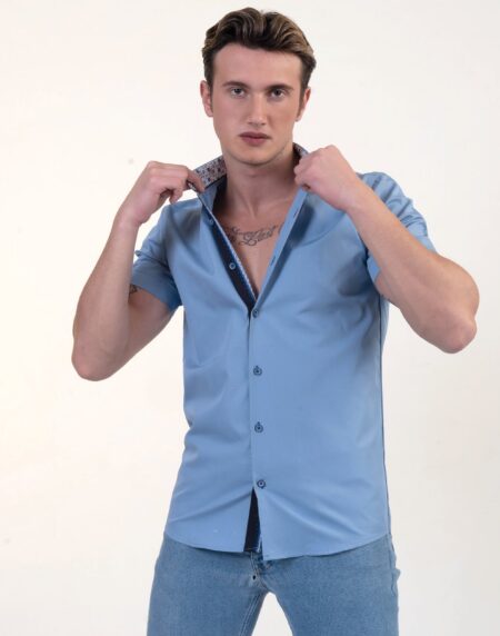 Solid Blue With White Mens Short Sleeve Button up Shirts  Tailored Slim Fit  Cotton Dress Shirts  Amedeo Exclusive