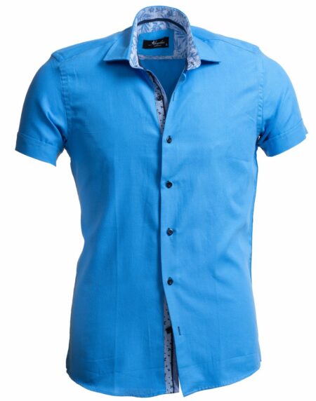 European Tailored Slim Fit Soft Cotton Men's Blue Short Sleeve Button Up Shirt - Amedeo Exclusive