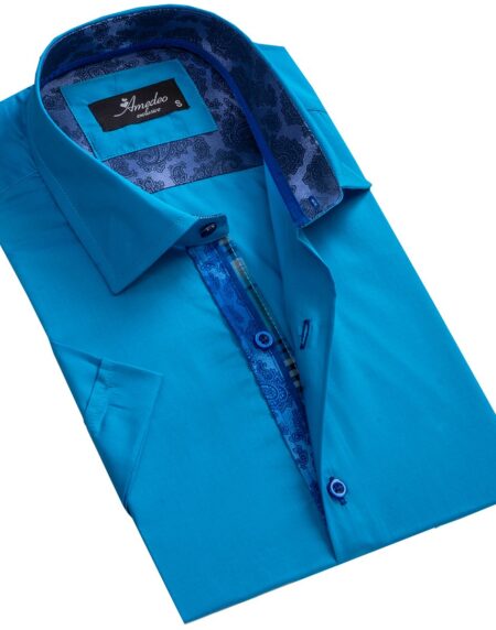 Men's Button down Tailor Fit Soft 100% Cotton Short Sleeve Dress Shirt Solid Medium Blue casual And Formal - Amedeo Exclusive