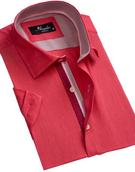 Men's Button down Tailor Fit Soft 100% Cotton Short Sleeve Dress Shirt Solid Bright Red casual And Formal - Amedeo Exclusive