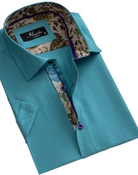 Men's Button down Tailor Fit Soft 100% Cotton Short Sleeve Dress Shirt Solid Turquoise Blue casual And Formal - Amedeo Exclusive