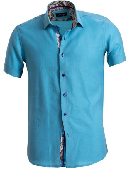 Men's Button down Tailor Fit Soft 100% Cotton Short Sleeve Dress Shirt Solid Turquoise Blue casual And Formal - Amedeo Exclusive