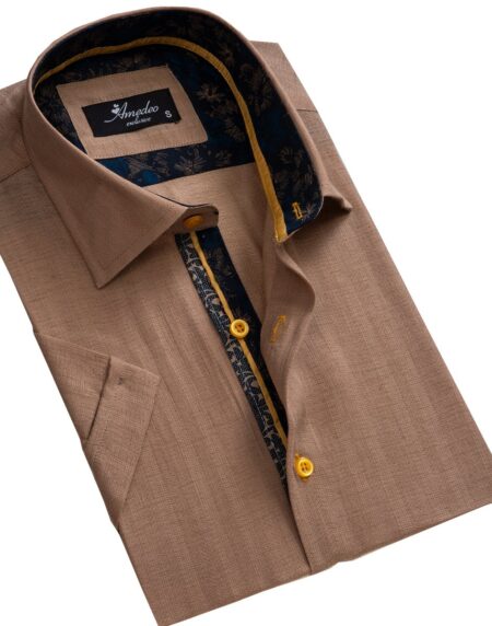 Men's Button down Tailor Fit Soft 100% Cotton Short Sleeve Dress Shirt Solid Light Brown casual And Formal - Amedeo Exclusive