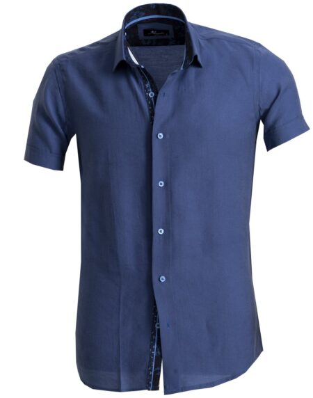 Men's Button down Tailor Fit Soft 100% Cotton Short Sleeve Dress Shirt Solid Blue casual And Formal - Amedeo Exclusive