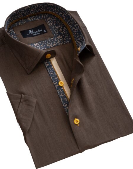 Men's Button down Tailor Fit Soft 100% Cotton Short Sleeve Dress Shirt Solid Dark Brown casual And Formal - Amedeo Exclusive