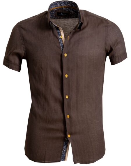 Men's Button down Tailor Fit Soft 100% Cotton Short Sleeve Dress Shirt Solid Dark Brown casual And Formal - Amedeo Exclusive