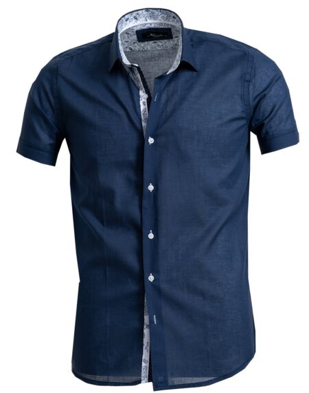 Men's Button down Tailor Fit Soft 100% Cotton Short Sleeve Dress Shirt Solid Navy Blue casual And Formal - Amedeo Exclusive
