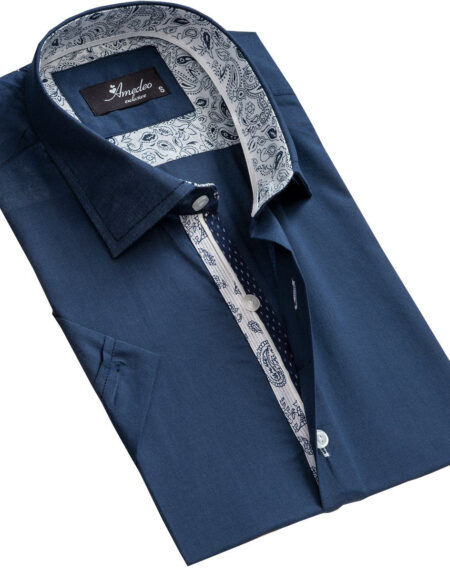 Men's Button down Tailor Fit Soft 100% Cotton Short Sleeve Dress Shirt Solid Navy Blue casual And Formal - Amedeo Exclusive