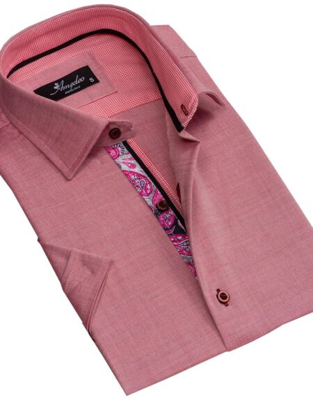 Men's Button down Tailor Fit Soft 100% Cotton Short Sleeve Dress Shirt Solid Pink Paisley casual And Formal - Amedeo Exclusive