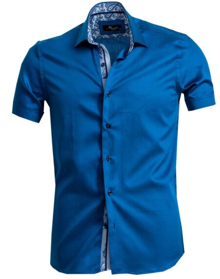 Men's Button down Tailor Fit Soft 100% Cotton Short Sleeve Dress Shirt Solid Medium Blue casual And Formal - Amedeo Exclusive