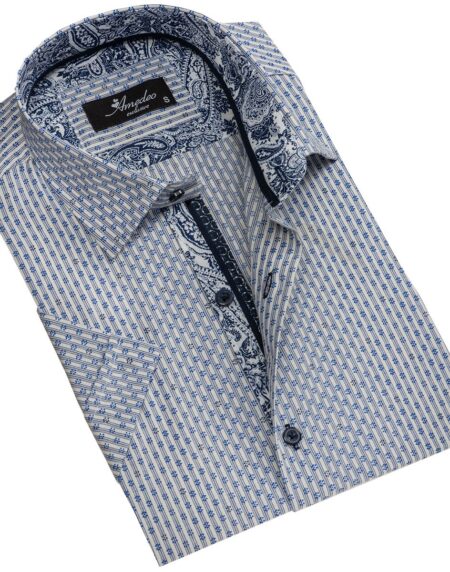 Men's Button down Tailor Fit Soft 100% Cotton Short Sleeve Dress Shirt Blue Grey casual And Formal - Amedeo Exclusive