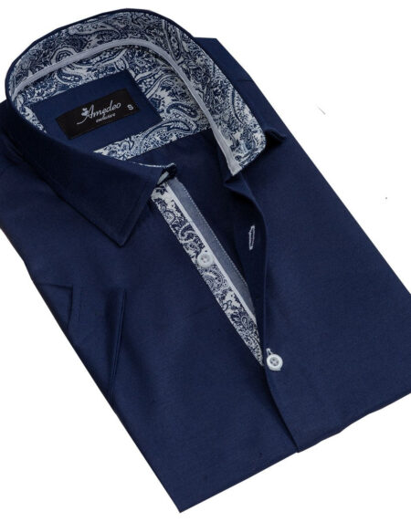 Men's Button down Tailor Fit Soft 100% Cotton Short Sleeve Dress Shirt Solid Navy Blue casual And Formal - Amedeo Exclusive