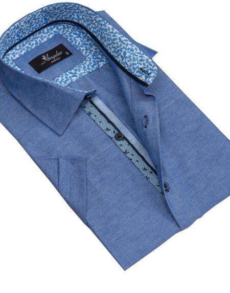 Men's Button down Tailor Fit Soft 100% Cotton Short Sleeve Dress Shirt Denim Blue casual And Formal - Amedeo Exclusive