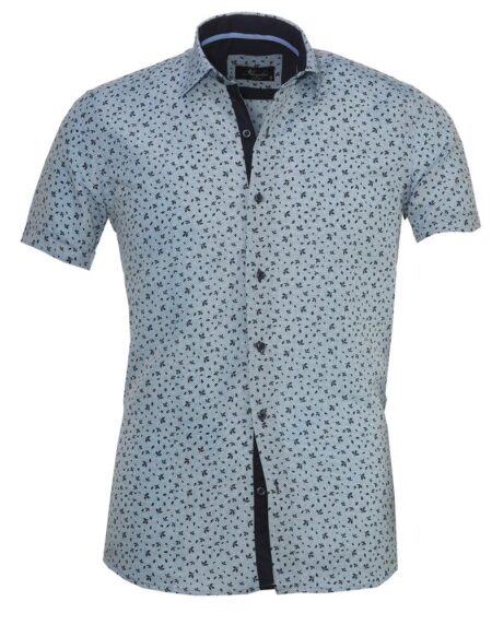 Men's Button down Tailor Fit Soft 100% Cotton Short Sleeve Dress Shirt Light Blue Floral casual And Formal - Amedeo Exclusive