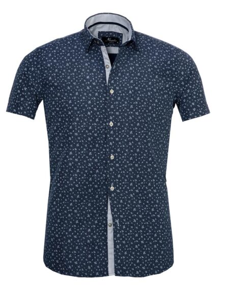Men's Button down Tailor Fit Soft 100% Cotton Short Sleeve Dress Shirt Blue Dotted Floral casual And Formal - Amedeo Exclusive