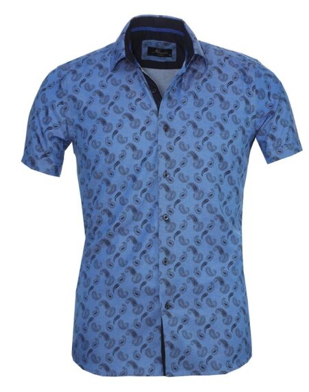 Men's Button down Tailor Fit Soft 100% Cotton Short Sleeve Dress Shirt Denim Blue Paisley casual And Formal - Amedeo Exclusive