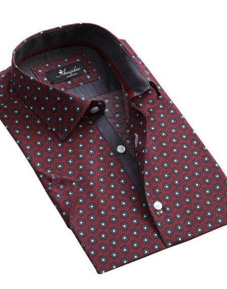 Men's Button down Tailor Fit Soft 100% Cotton Short Sleeve Dress Shirt Burgandy Circles casual And Formal - Amedeo Exclusive
