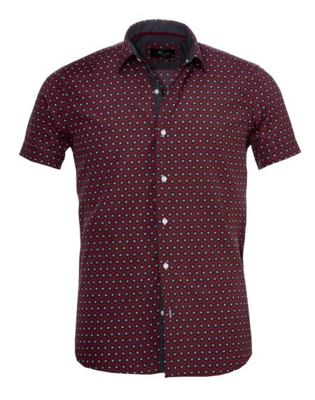 Men's Button down Tailor Fit Soft 100% Cotton Short Sleeve Dress Shirt Burgandy Circles casual And Formal - Amedeo Exclusive
