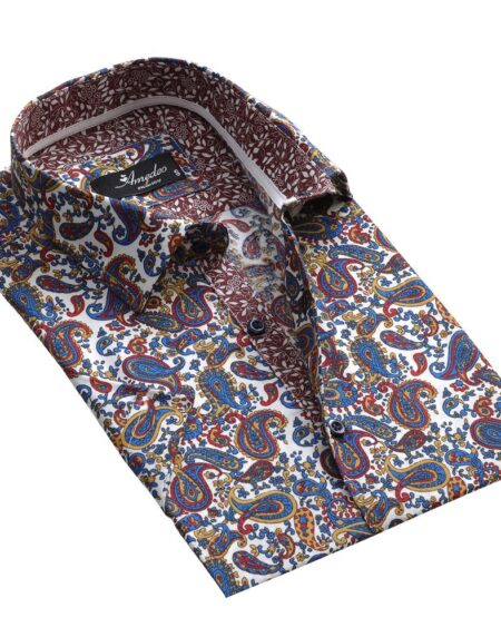 Men's Button down Tailor Fit Soft 100% Cotton Short Sleeve Dress Shirt Playful Colorful Paisley casual And Formal - Amedeo Exclusive
