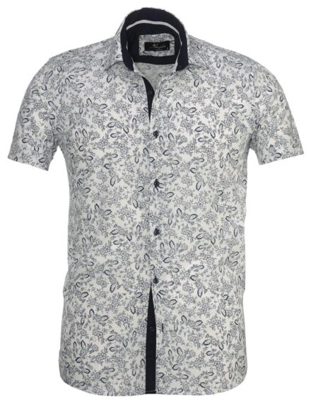 Men's Button down Tailor Fit Soft 100% Cotton Short Sleeve Dress Shirt White Navy Blue Floral casual And Formal - Amedeo Exclusive