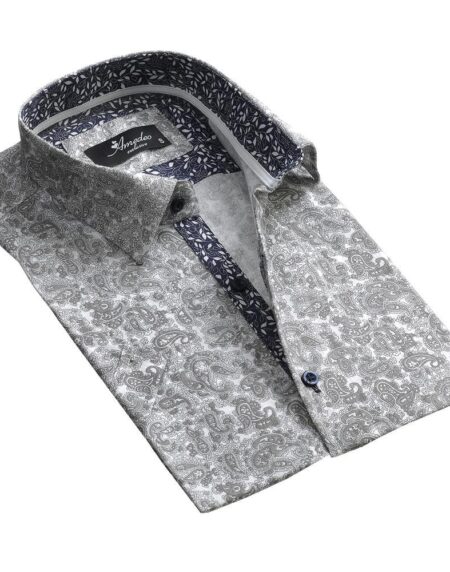 Men's Button down Tailor Fit Soft 100% Cotton Short Sleeve Dress Shirt Light Grey Floral casual And Formal - Amedeo Exclusive