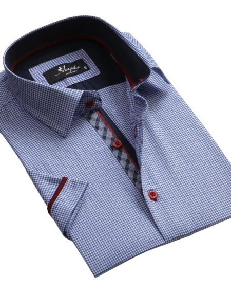 Men's Button down Tailor Fit Soft 100% Cotton Short Sleeve Dress Shirt Light Blue Check casual And Formal - Amedeo Exclusive