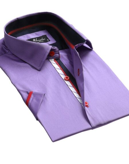 Men's Button down Tailor Fit Soft 100% Cotton Short Sleeve Dress Shirt Solid Light Purple casual And Formal - Amedeo Exclusive
