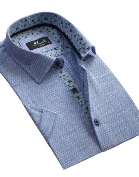 Men's Button down Tailor Fit Soft 100% Cotton Short Sleeve Dress Shirt Blue White Squares casual And Formal - Amedeo Exclusive