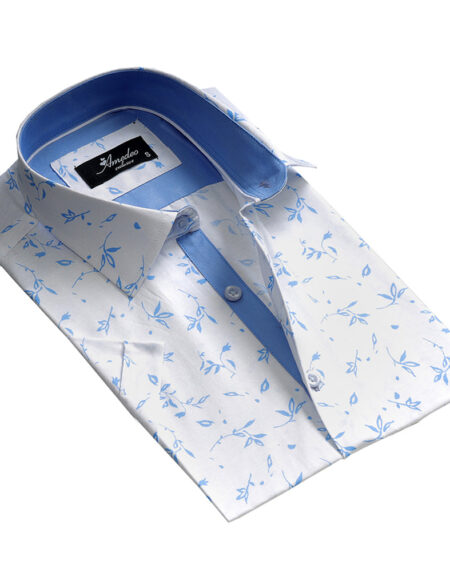Men's Button down Tailor Fit Soft 100% Cotton Short Sleeve Dress Shirt White with Light Blue Floral casual And Formal - Amedeo Exclusive