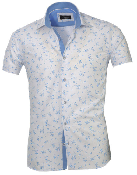 Men's Button down Tailor Fit Soft 100% Cotton Short Sleeve Dress Shirt White with Light Blue Floral casual And Formal - Amedeo Exclusive