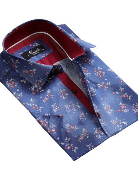 Men's Button down Tailor Fit Soft 100% Cotton Short Sleeve Dress Shirt Blue with Red Floral casual And Formal - Amedeo Exclusive