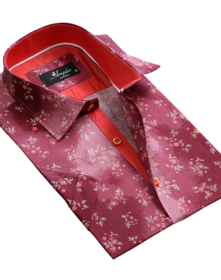 Men's Button down Tailor Fit Soft 100% Cotton Short Sleeve Dress Shirt Red with White Floral casual And Formal - Amedeo Exclusive
