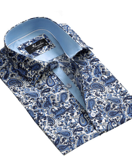 Men's Button down Tailor Fit Soft 100% Cotton Short Sleeve Dress Shirt White with Blue Paisley casual And Formal - Amedeo Exclusive