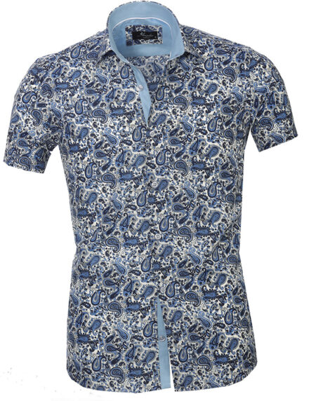 Men's Button down Tailor Fit Soft 100% Cotton Short Sleeve Dress Shirt White with Blue Paisley casual And Formal - Amedeo Exclusive