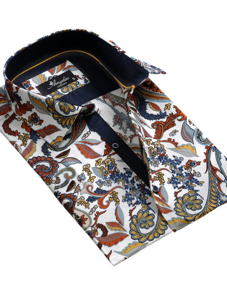 Men's Button down Tailor Fit Soft 100% Cotton Short Sleeve Dress Shirt White with Colorful Floral casual And Formal - Amedeo Exclusive