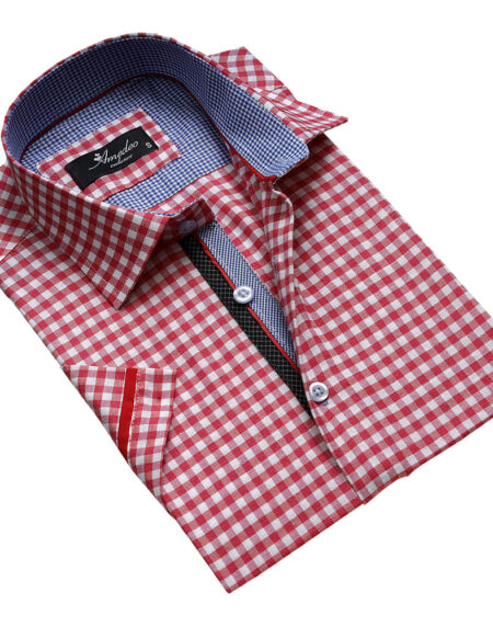 Men's Button down Tailor Fit Soft 100% Cotton Short Sleeve Dress Shirt Red White Checkered casual And Formal - Amedeo Exclusive